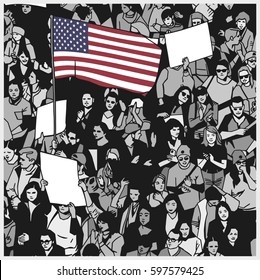 Illustration of demonstrating crowd with american flag and blank signs in color