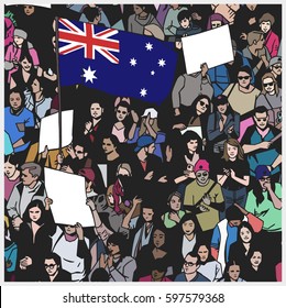 Illustration of demonstrating crowd with australian flag and blank signs in color
