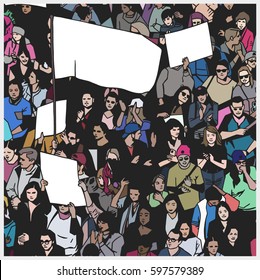 Illustration of demonstrating crowd with blank flag and signs in color