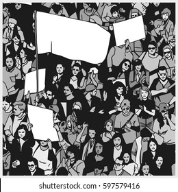 Illustration of demonstrating crowd with blank flag and signs in grey scale