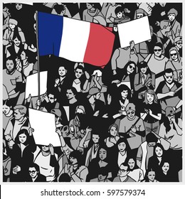 Illustration of demonstrating crowd with french flag and blank signs in color