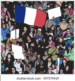 Illustration of demonstrating crowd with french flag and blank signs in color