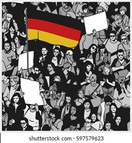 Illustration of demonstrating crowd with german flag and blank signs in color