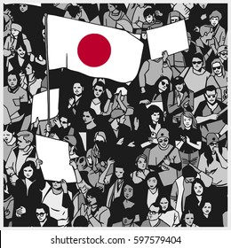 Illustration of demonstrating crowd with japanese flag and blank signs in color