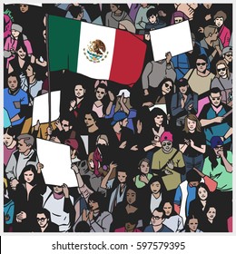 Illustration of demonstrating crowd with mexican flag and blank signs in color