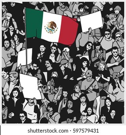 Illustration of demonstrating crowd with mexican flag and blank signs in color