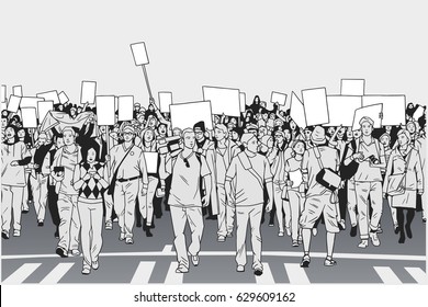 Illustration Of Demonstrating Crowd In Peaceful March In Grey Tones