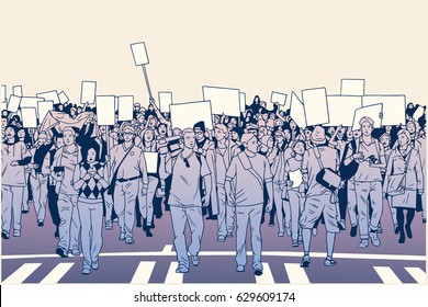 Illustration Of Demonstrating Crowd In Peaceful March In Color