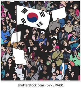Illustration of demonstrating crowd with south korean flag and blank signs in color