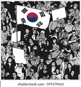 Illustration of demonstrating crowd with south korean flag and blank signs in color