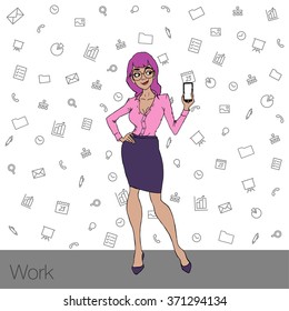 Illustration demonstration of the smartphone screen for presentations, articles, slide shows. Cloud services and technologies on mobile devices. Mobile apps for remote work and networking. Vector