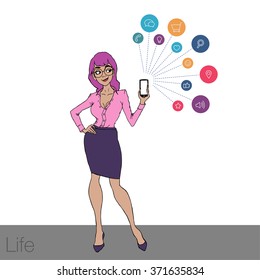 Illustration demonstration of the smartphone screen for presentations, articles, slide shows. Cloud services and technologies on mobile devices. Mobile apps for remote work and networking. Vector
