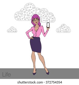 Illustration demonstration of the smartphone screen for presentations, articles, slide shows. Cloud services and technologies on mobile devices. Mobile apps for remote work and networking. Vector 