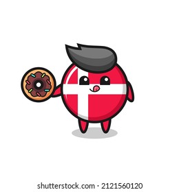 illustration of an denmark flag badge character eating a doughnut , cute style design for t shirt, sticker, logo element