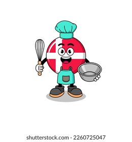 Illustration of denmark flag as a bakery chef , character design