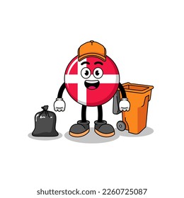 Illustration of denmark flag cartoon as a garbage collector , character design