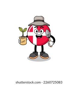 Illustration of denmark flag cartoon holding a plant seed , character design