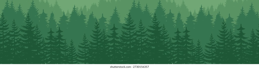 Ilustração de uma floresta de coníferas densas com múltiplas camadas de pinheiros, renderizadas em diferentes tons de verde para transmitir profundidade e um ambiente natural e tranquilo.