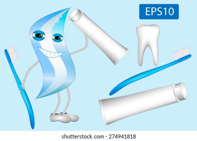 Illustration of dental care items: toothbrushes,toothpaste and  tooth. For healthy teeth.
Tooth on a blue background