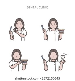 Illustration of dental clinic staff instructing patients to brush their teeth