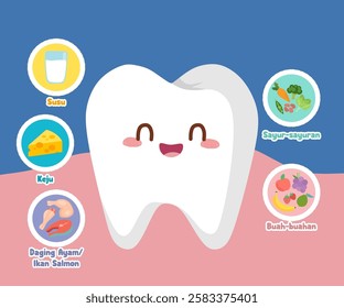 Illustration of dental health, with foods that make teeth healthy