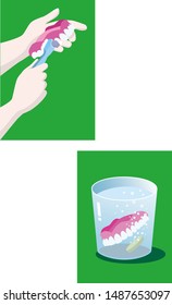 
Illustration of denture care cleaning