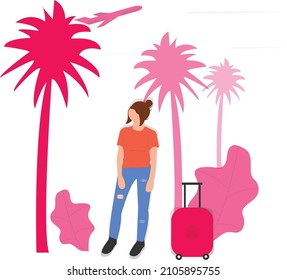 illustration of departing with a woman carrying a suitcase. Vector illustrations