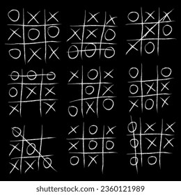 
Illustration depicting 9 different moves in the children's game tic-tac-toe. Drawn with white chalk on a black background