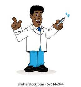 Illustration depicting an afro-descendant man in a lab coat, doctor, teacher or pharmacist with a syringe in his hand. Ideal for institutional, training and institutional materials