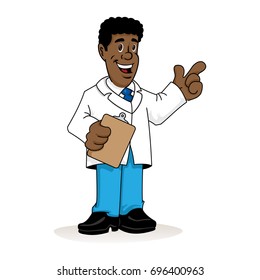 Illustration depicting an afro-descendant man in a lab coat, doctor, teacher or pharmacist with a clipboard in his hand explaining something. Ideal for institutional materials and training