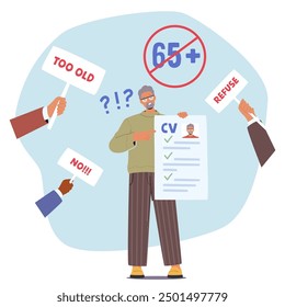 Illustration Depicting Age Discrimination In Job Applications. Older Job Applicant Faces Rejection Signs And Age Restrictions Highlights Challenges And Prejudice Faced By Seniors In Employment Market