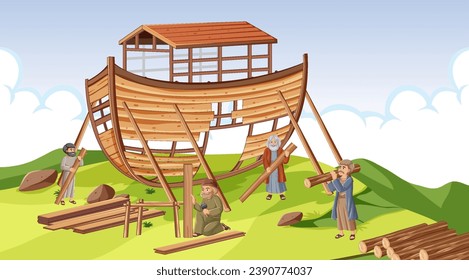 Illustration depicting ancient people constructing Noah's Ark from wood