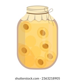 Illustration depicting apricot compote, yellow, with fruit inside on a white background.