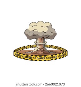 uma ilustração representando uma explosão atômica com uma nuvem de cogumelo e um símbolo de aviso que transmite risco e perigo. Representa uma catástrofe e um desastre nuclear