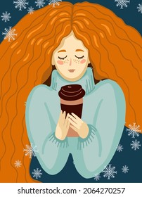 Illustration depicting a beautiful girl with red hair, coffee and snowflakes. Vector graphics of a Christmas card. New Year.
