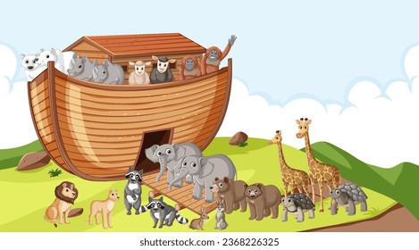 Illustration depicting the biblical story of Noah's Ark with numerous animals on a wooden boat