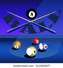 illustration depicting a billiard table and balls on it, the emblem of a billiard game for interior design of billiard rooms and prints on banners and postcards