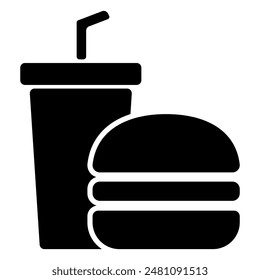 Illustration depicting a black burger and juice icon on a white background. Fast food