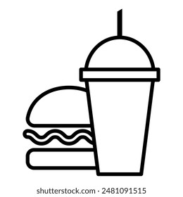Illustration depicting a black burger and juice icon on a white background. Fast food