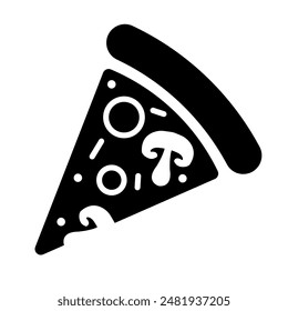 Illustration depicting a black pizza icon on a white background