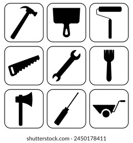 
Illustration depicting a black set of construction tools in frames on a white background