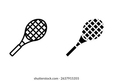 Illustration depicting a black and thin line tennis racket icon on a white background