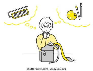 An illustration depicting a boy trying to remember what he needs to bring to school the next day.Original artwork created by me using illustration software. No AI used.