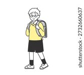 An illustration depicting a boy walking to school with his schoolbag on his back. Original artwork created by me using illustration software. No AI used.