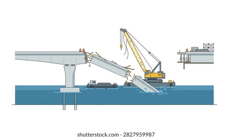 Illustration depicting a bridge section collapsing into water during construction or demolition, with a large crane on a barge nearby.