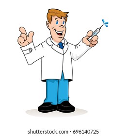 Illustration depicting a Caucasian man in a lab coat, doctor, teacher or pharmacist with a syringe in his hand. Ideal for institutional, training and institutional materials