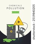 Illustration depicting chemical pollution with a toxic waste barrel, gas mask, and radioactive warning sign, highlighting environmental crisis.