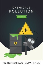 Ilustração que ilustra a poluição química com um cano de resíduos tóxicos, uma máscara de gás e um sinal de aviso radioativo, destacando a crise ambiental. Cartaz sobre poluição química