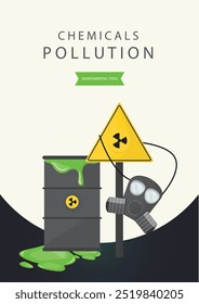 Illustration depicting chemical pollution with a toxic waste barrel, gas mask, and radioactive warning sign, highlighting environmental crisis.