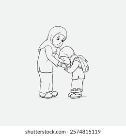 An illustration depicting a child expressing respect through a traditional greeting to an elder. Ideal for themes related to culture, tradition, family values, and teaching moral lessons.